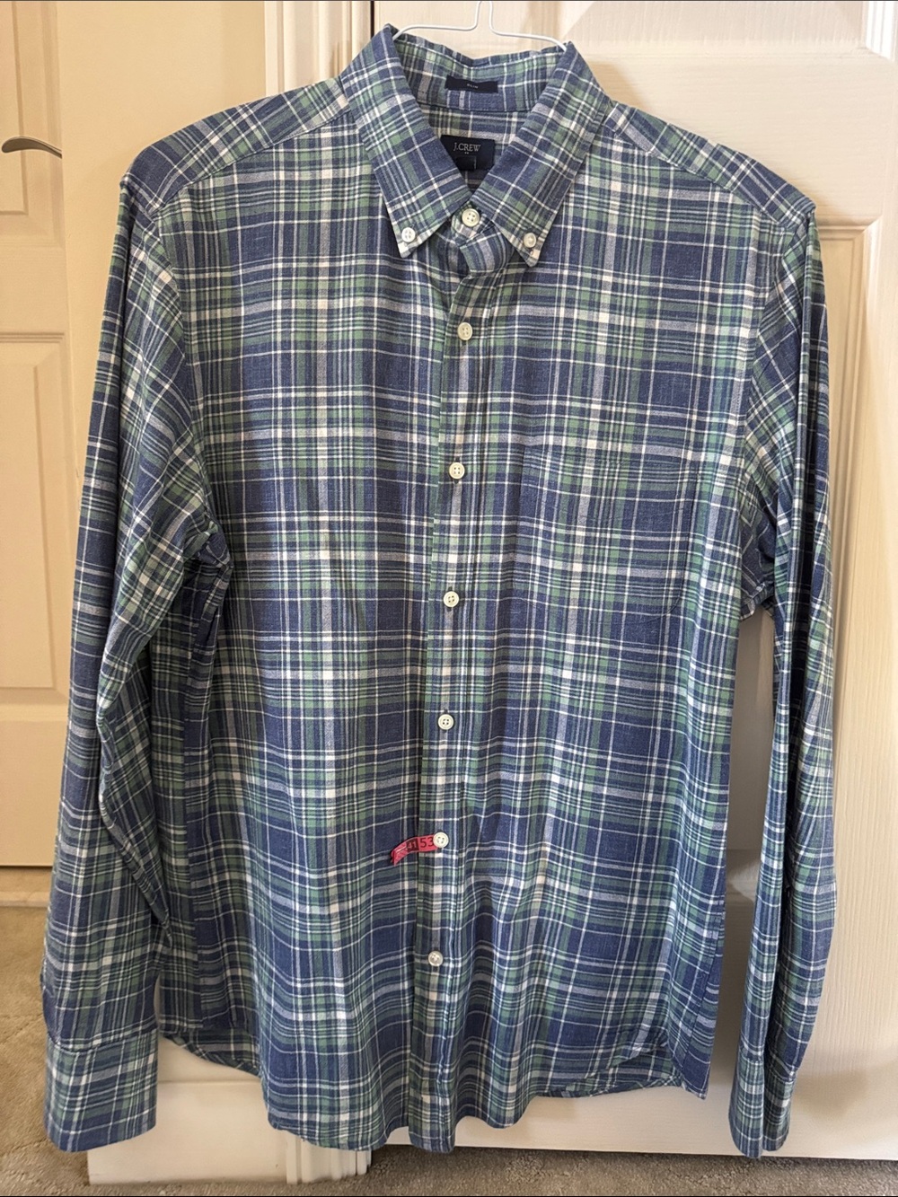 J. Crew Men's Navy and Green Plaid Button-Down Shirt